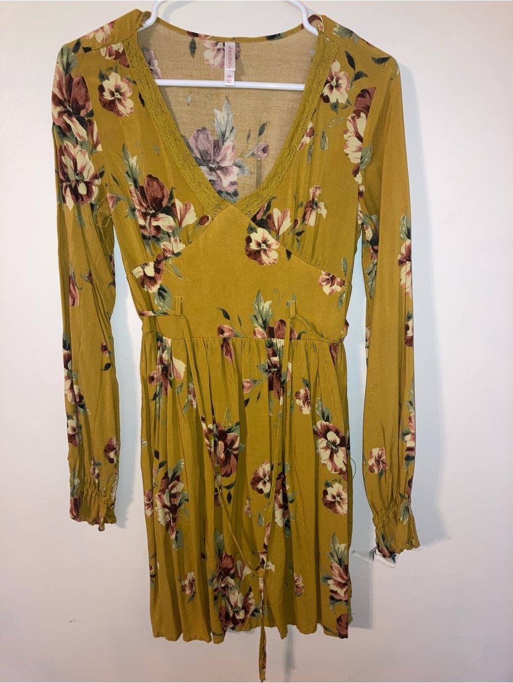 Xhilaration Mustard Floral Long-Sleeve V-Neck Dress